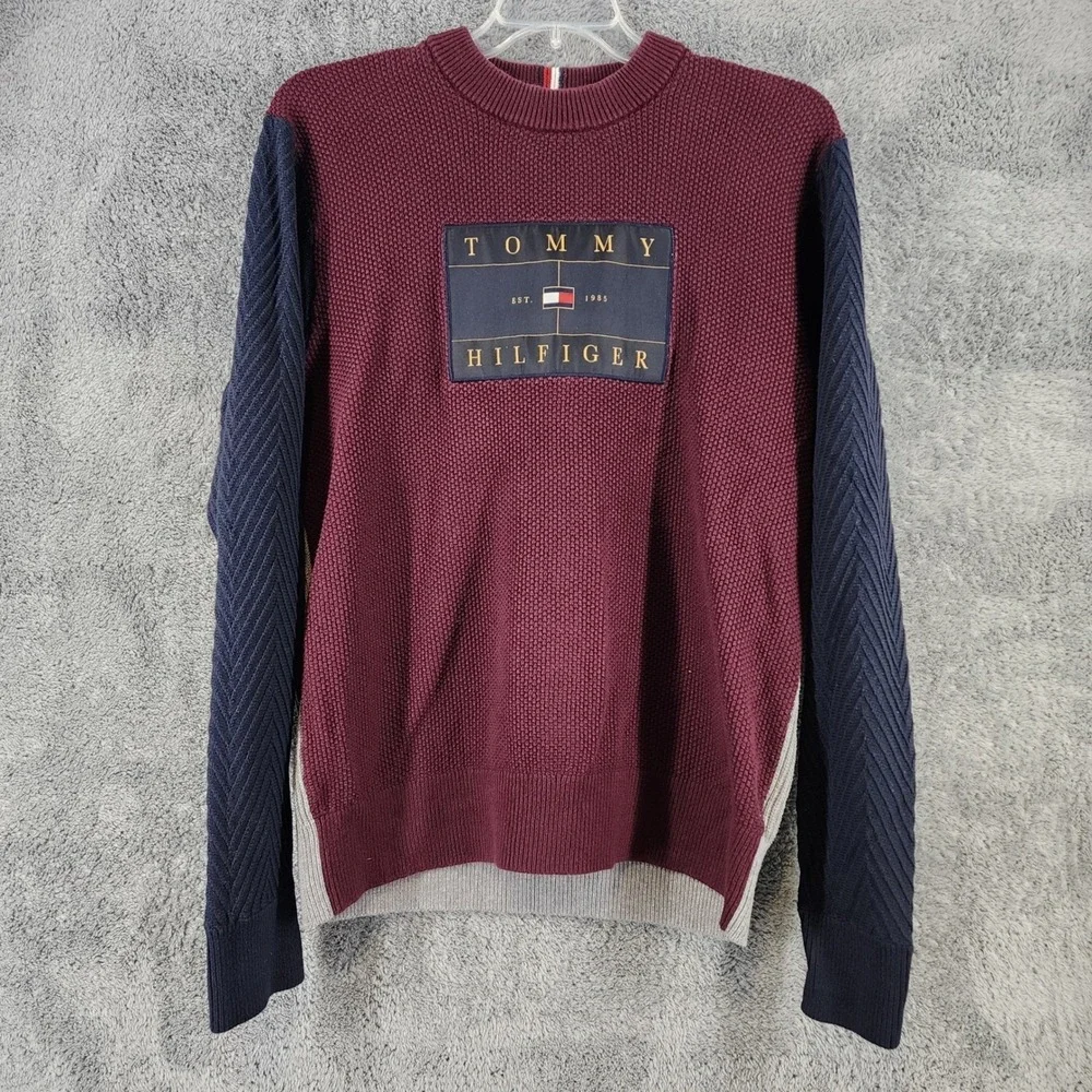 Tommy Hilfiger Sweater‎ Men XL Colorblock Mixed Texture Chest Patch Logo Preppy